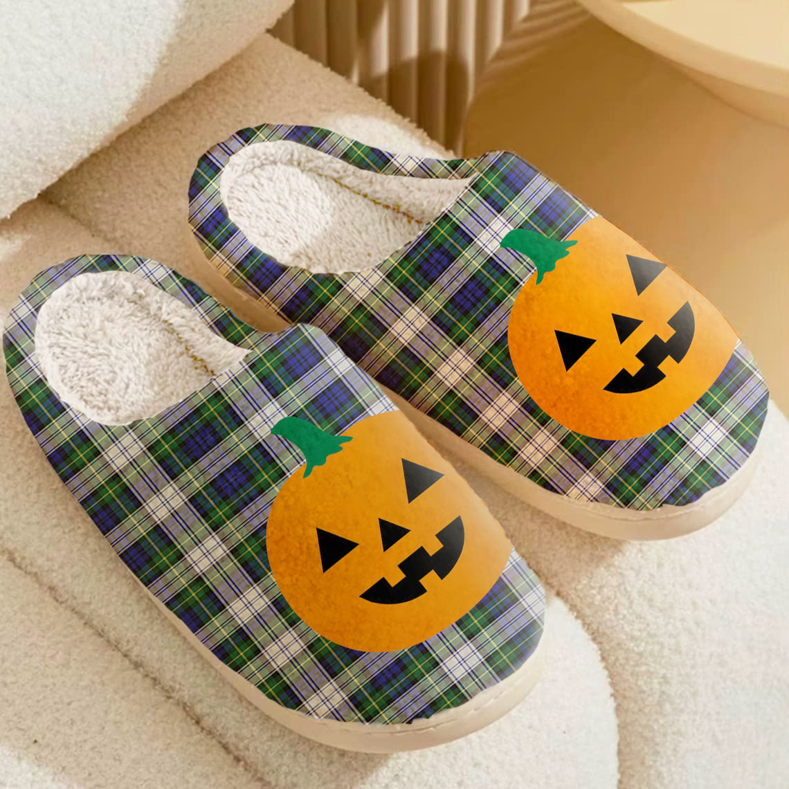 Clan Gordon Dress Modern Tartan Halloween Pumpkin Slippers, Fluffy Spooky Slippers JG36 Gordon Dress Modern Tartan Tartan Halloween   