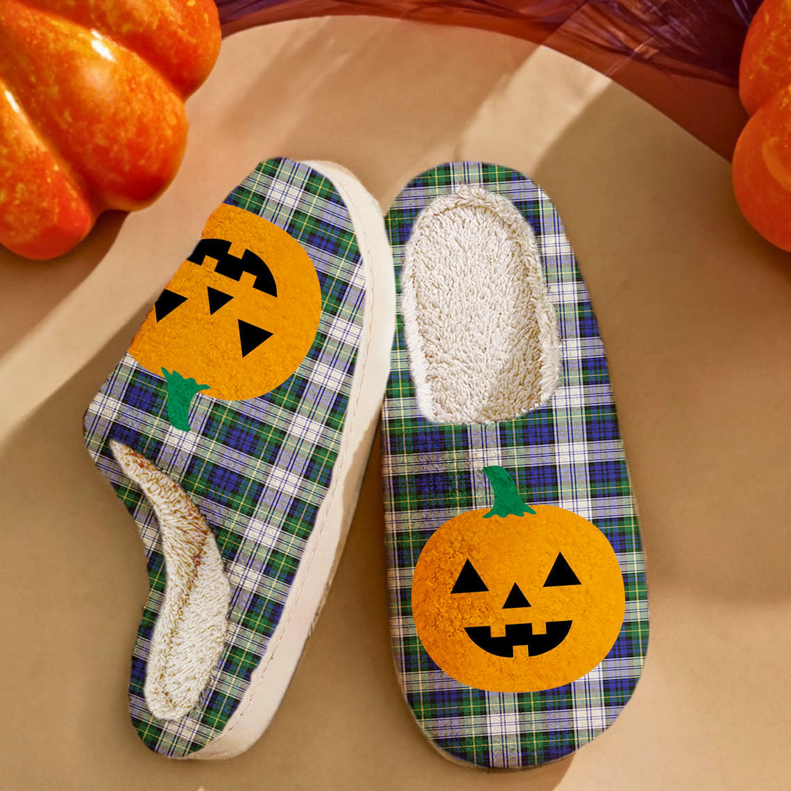 Clan Gordon Dress Modern Tartan Halloween Pumpkin Slippers, Fluffy Spooky Slippers JG36 Gordon Dress Modern Tartan Tartan Halloween   