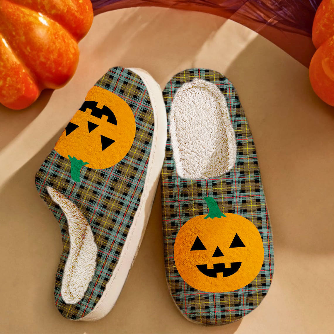 Clan Farquharson Weathered  Tartan Halloween Pumpkin Slippers, Fluffy Spooky Slippers GO63 Farquharson Weathered Tartan Tartan Halloween   