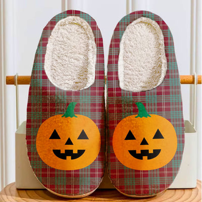 Clan Crawford Modern Tartan Halloween Pumpkin Slippers, Fluffy Spooky Slippers