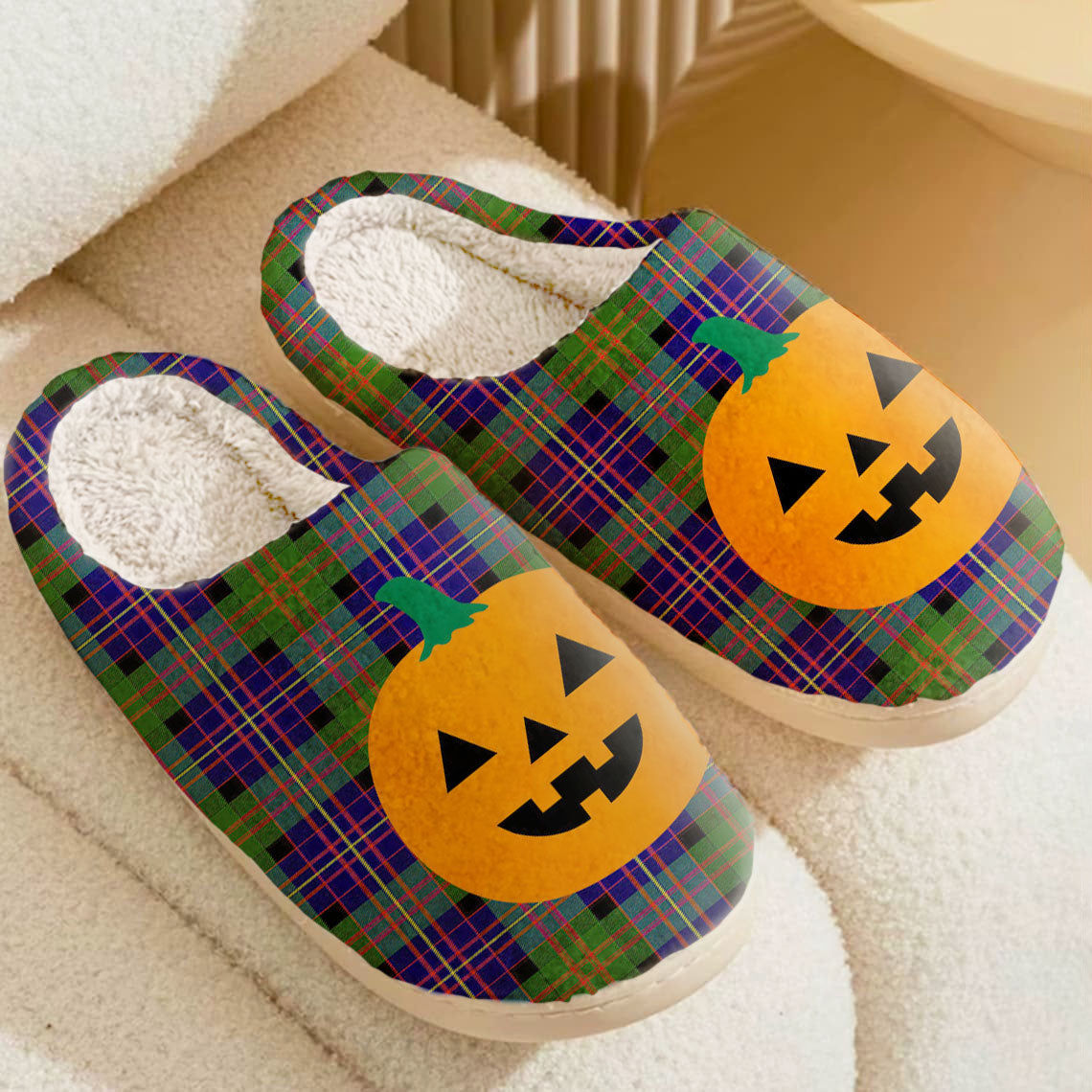 Clan Chalmer Tartan Halloween Pumpkin Slippers, Fluffy Spooky Slippers VA35 Chalmer Tartan Tartan Halloween   