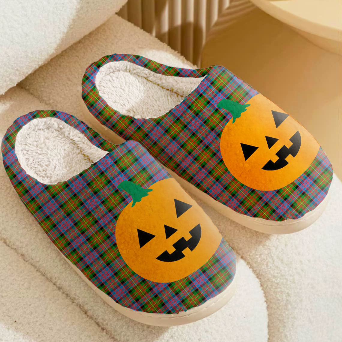 Clan Carnegie Ancient Tartan Halloween Pumpkin Slippers, Fluffy Spooky Slippers HB56 Carnegie Ancient Tartan Tartan Halloween   