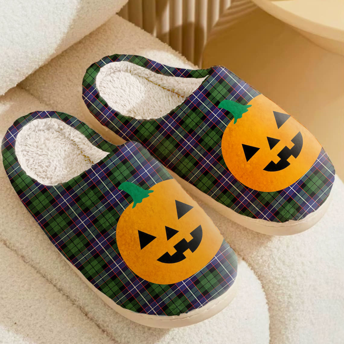 Clan Galbraith Modern Tartan Halloween Pumpkin Slippers, Fluffy Spooky Slippers CE98 Galbraith Modern Tartan Tartan Halloween   
