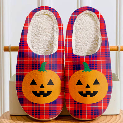 Clan Hamilton Modern Tartan Halloween Pumpkin Slippers, Fluffy Spooky Slippers CX53