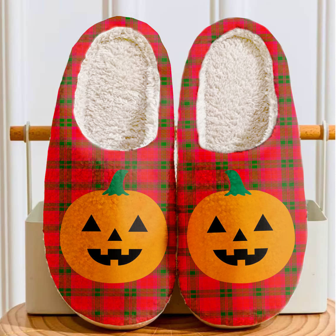 Clan MacNab Modern Tartan Halloween Pumpkin Slippers, Fluffy Spooky Slippers KC10 MacNab Modern Tartan Tartan Halloween   