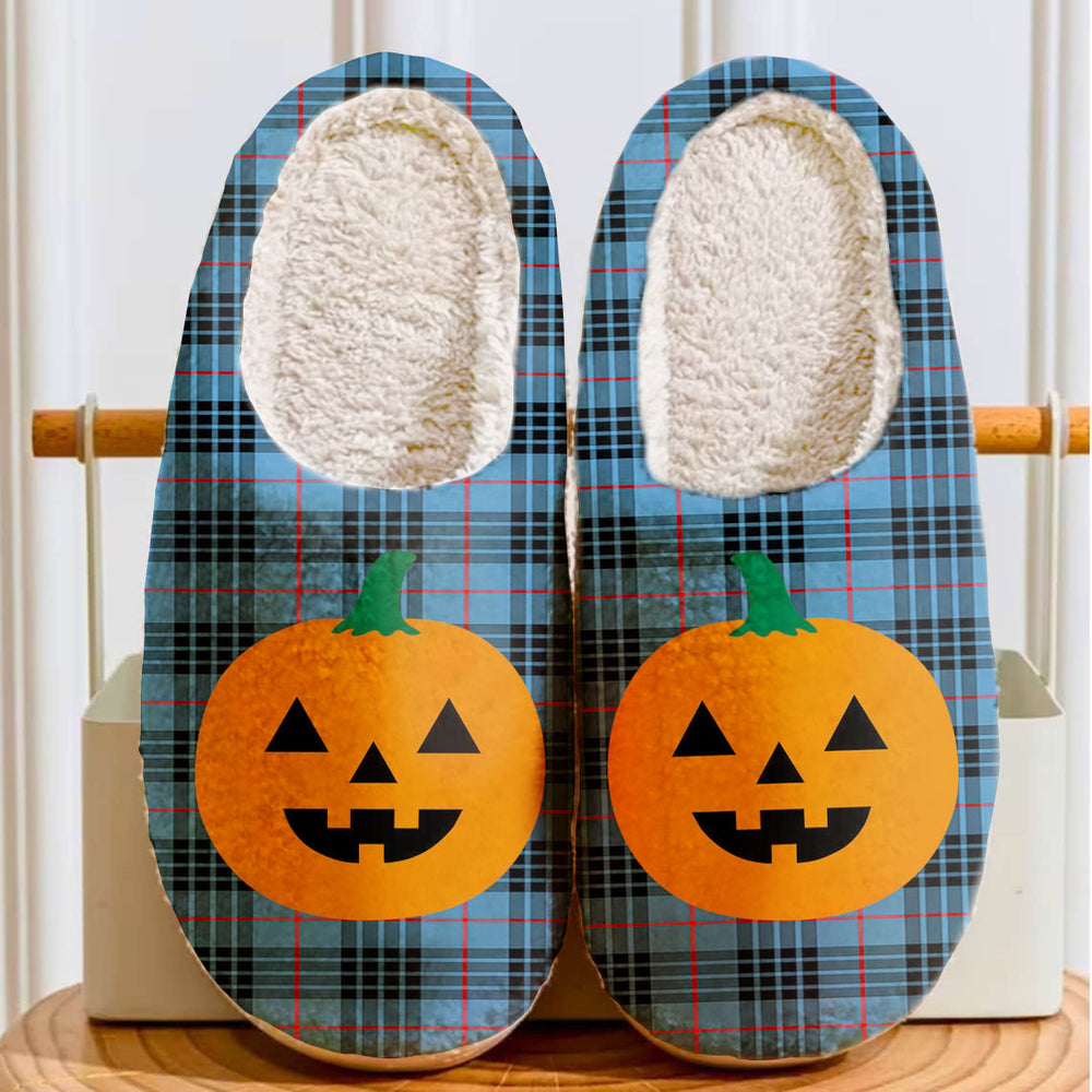 Clan MacKay Blue Tartan Halloween Pumpkin Slippers, Fluffy Spooky Slippers ZX65 MacKay Blue Tartan Tartan Halloween   