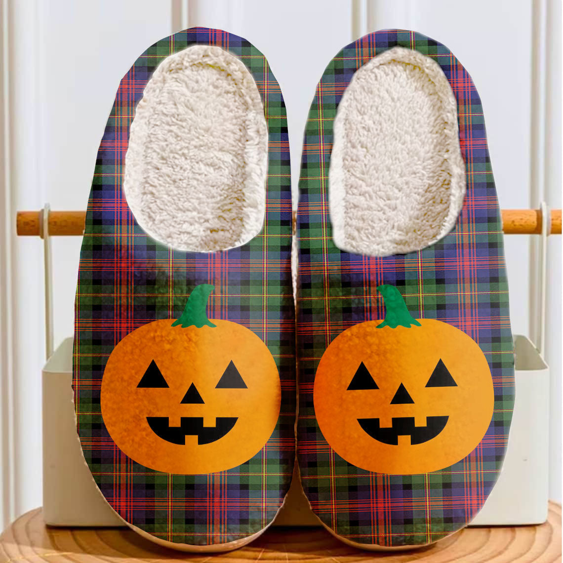 Clan Logan Modern Tartan Halloween Pumpkin Slippers, Fluffy Spooky Slippers AW72 Logan Modern Tartan Tartan Halloween   