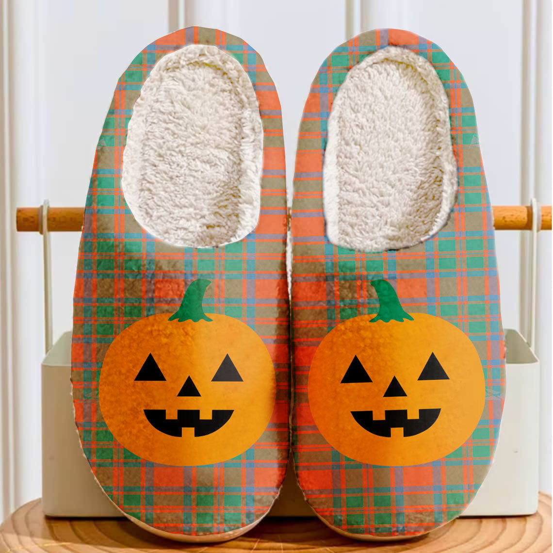 Clan MacKintosh Ancient Tartan Halloween Pumpkin Slippers, Fluffy Spooky Slippers UU60 MacKintosh Ancient Tartan Tartan Halloween   
