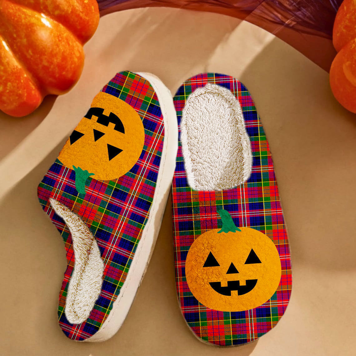Clan MacPherson Modern Tartan Halloween Pumpkin Slippers, Fluffy Spooky Slippers HJ23 MacPherson Modern Tartan Tartan Halloween   