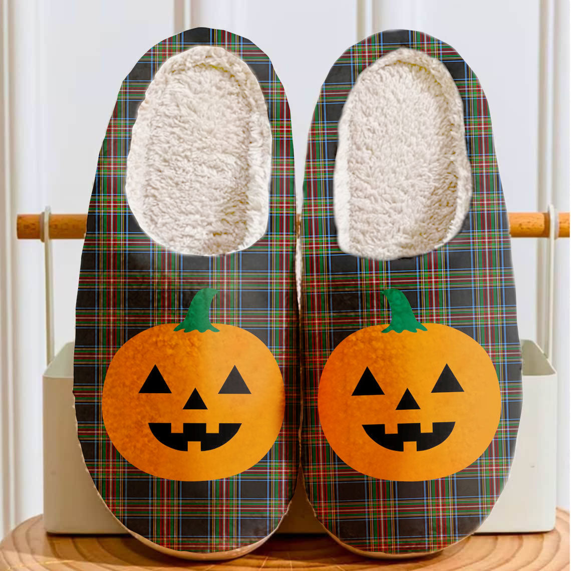 Clan Lyle Tartan Halloween Pumpkin Slippers, Fluffy Spooky Slippers FW49 Lyle Tartan Tartan Halloween   