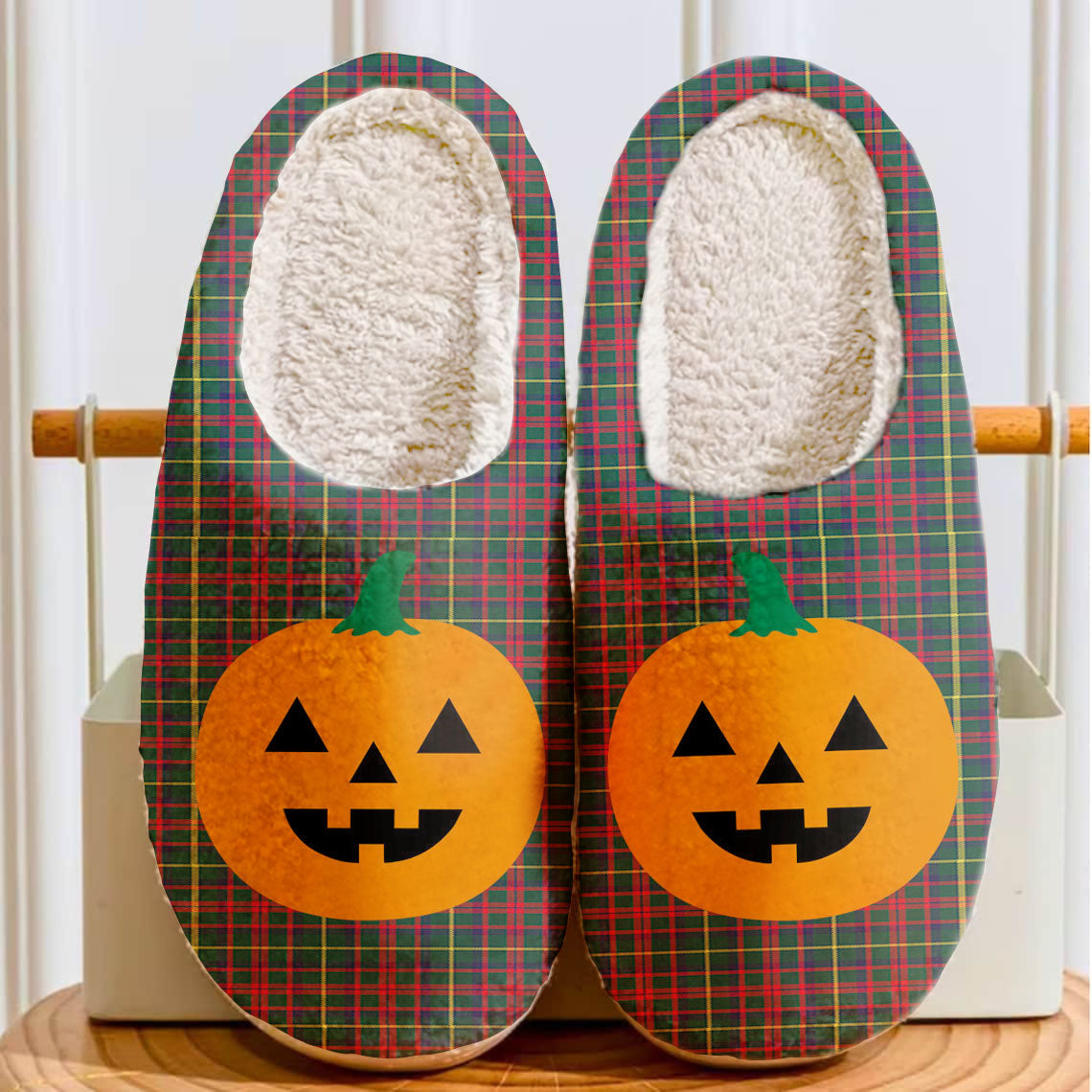 Clan MacKintosh Hunting Modern Tartan Halloween Pumpkin Slippers, Fluffy Spooky Slippers JV36 MacKintosh Hunting Modern Tartan Tartan Halloween   