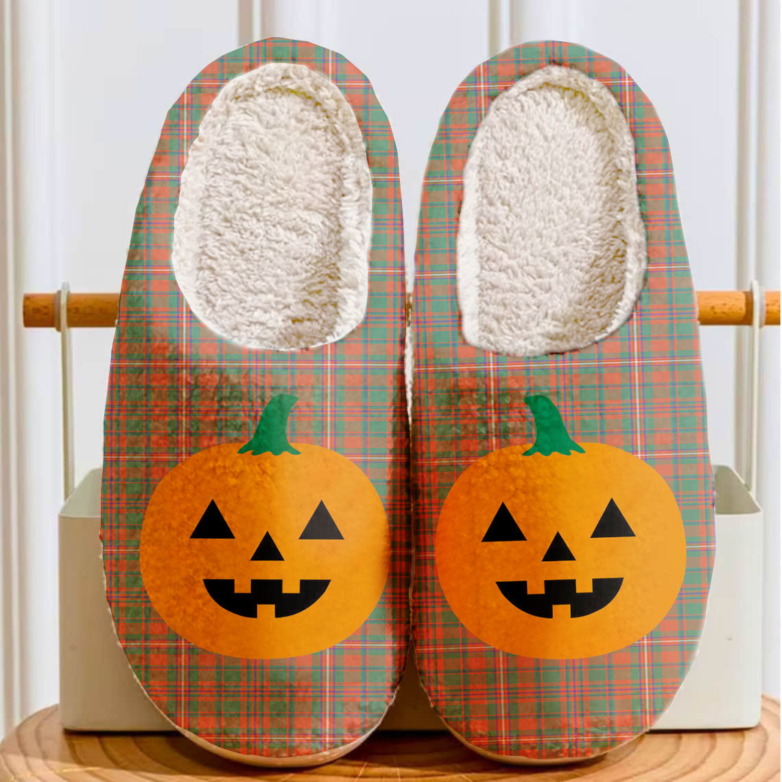 Clan MacKinnon Ancient Tartan Halloween Pumpkin Slippers, Fluffy Spooky Slippers QG19 MacKinnon Ancient Tartan Tartan Halloween   