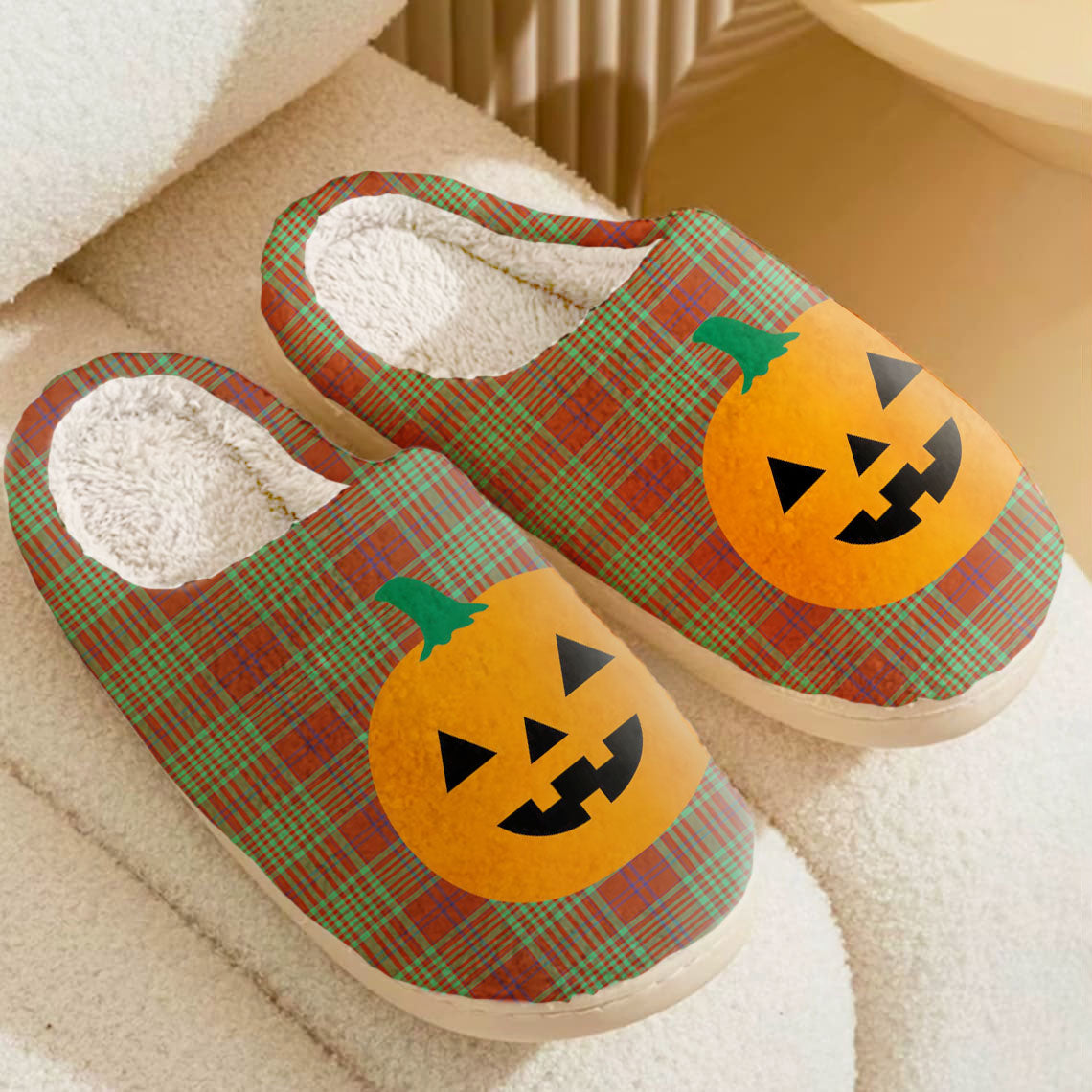 Clan MacGillivray Hunting Ancient Tartan Halloween Pumpkin Slippers, Fluffy Spooky Slippers QD85 MacGillivray Hunting Ancient Tartan Tartan Halloween   