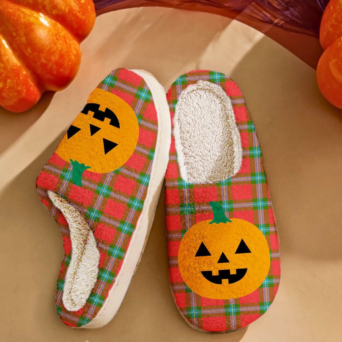 Clan MacLaine of Loch Buie Tartan Halloween Pumpkin Slippers, Fluffy Spooky Slippers WC51 MacLaine of Loch Buie Tartan Tartan Halloween   
