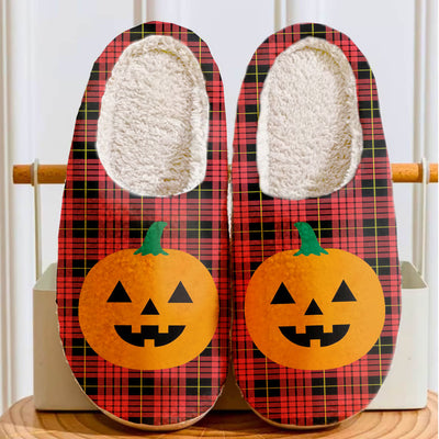 Clan MacQueen Modern Tartan Halloween Pumpkin Slippers, Fluffy Spooky Slippers