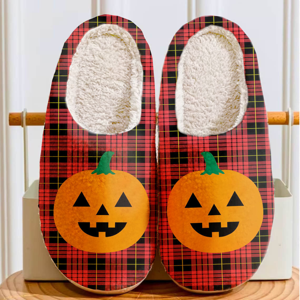 Clan MacQueen Modern Tartan Halloween Pumpkin Slippers, Fluffy Spooky Slippers KK21 MacQueen Modern Tartan Tartan Halloween   