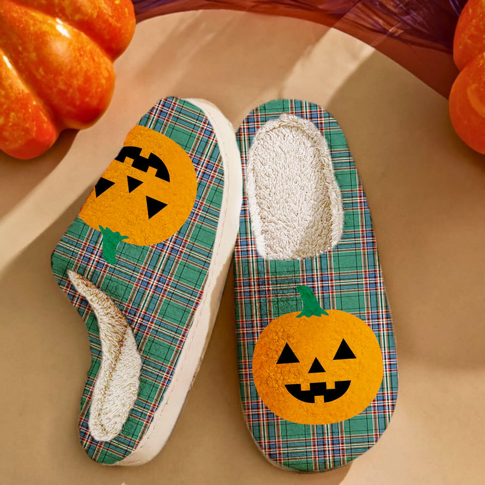 Clan MacFarlane Hunting Ancient Tartan Halloween Pumpkin Slippers, Fluffy Spooky Slippers IE68 MacFarlane Hunting Ancient Tartan Tartan Halloween   
