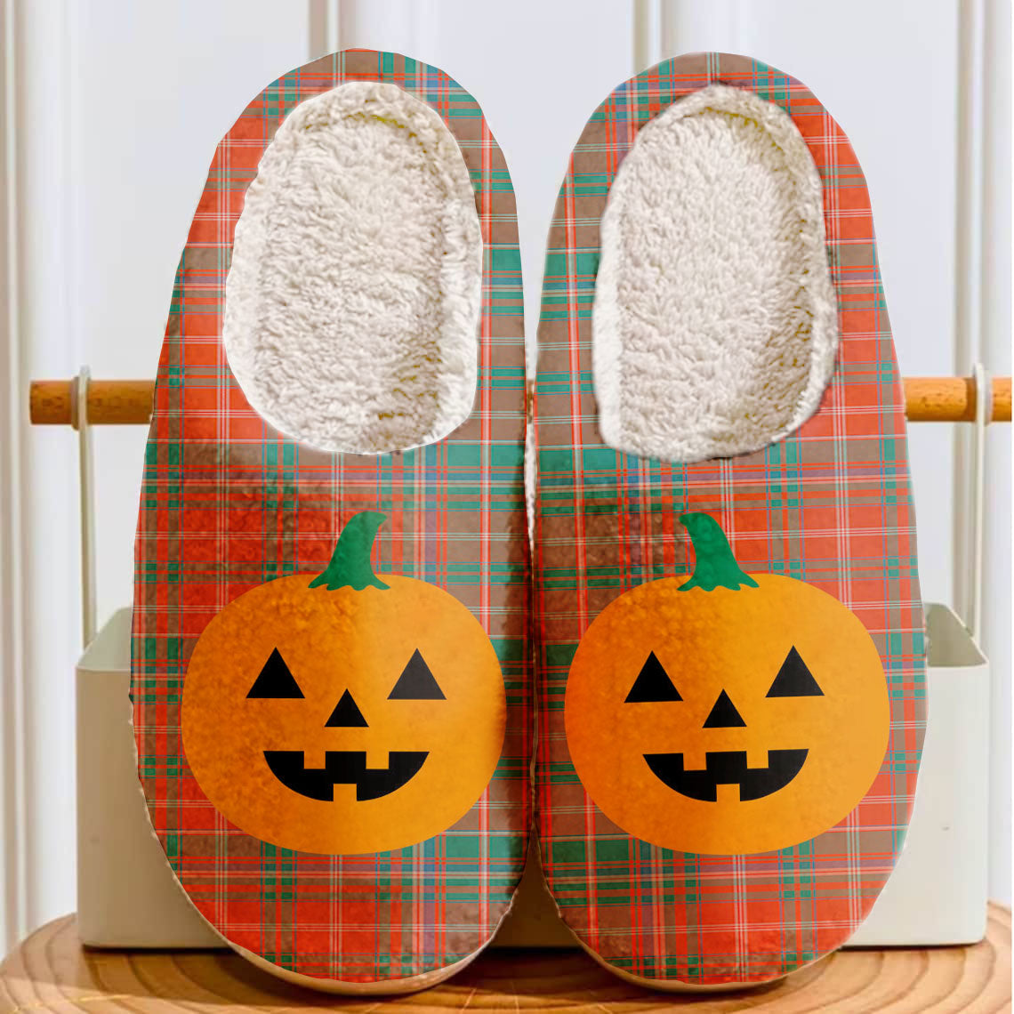 Clan MacDougall Ancient Tartan Halloween Pumpkin Slippers, Fluffy Spooky Slippers KW28 MacDougall Ancient Tartan Tartan Halloween   