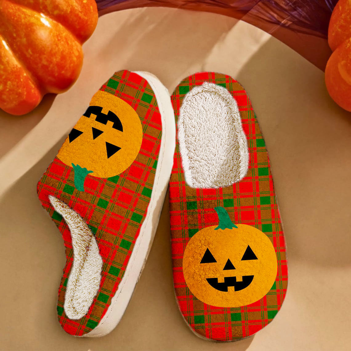 Clan MacQuarrie Modern Tartan Halloween Pumpkin Slippers, Fluffy Spooky Slippers FC28 MacQuarrie Modern Tartan Tartan Halloween   