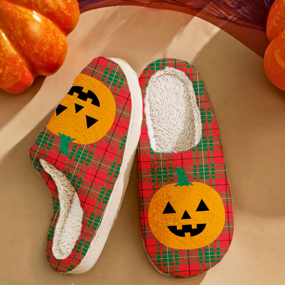 Clan MacAulay Modern Tartan Halloween Pumpkin Slippers, Fluffy Spooky Slippers RG46 MacAulay Modern Tartan Tartan Halloween   