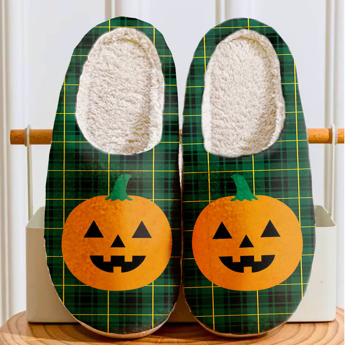 Clan MacArthur Modern Tartan Halloween Pumpkin Slippers, Fluffy Spooky Slippers LY99 MacArthur Modern Tartan Tartan Halloween   