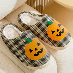 Clan Menzies Black & White Ancient Tartan Halloween Pumpkin Slippers, Fluffy Spooky Slippers VM78 Menzies Black & White Ancient Tartan Tartan Halloween   