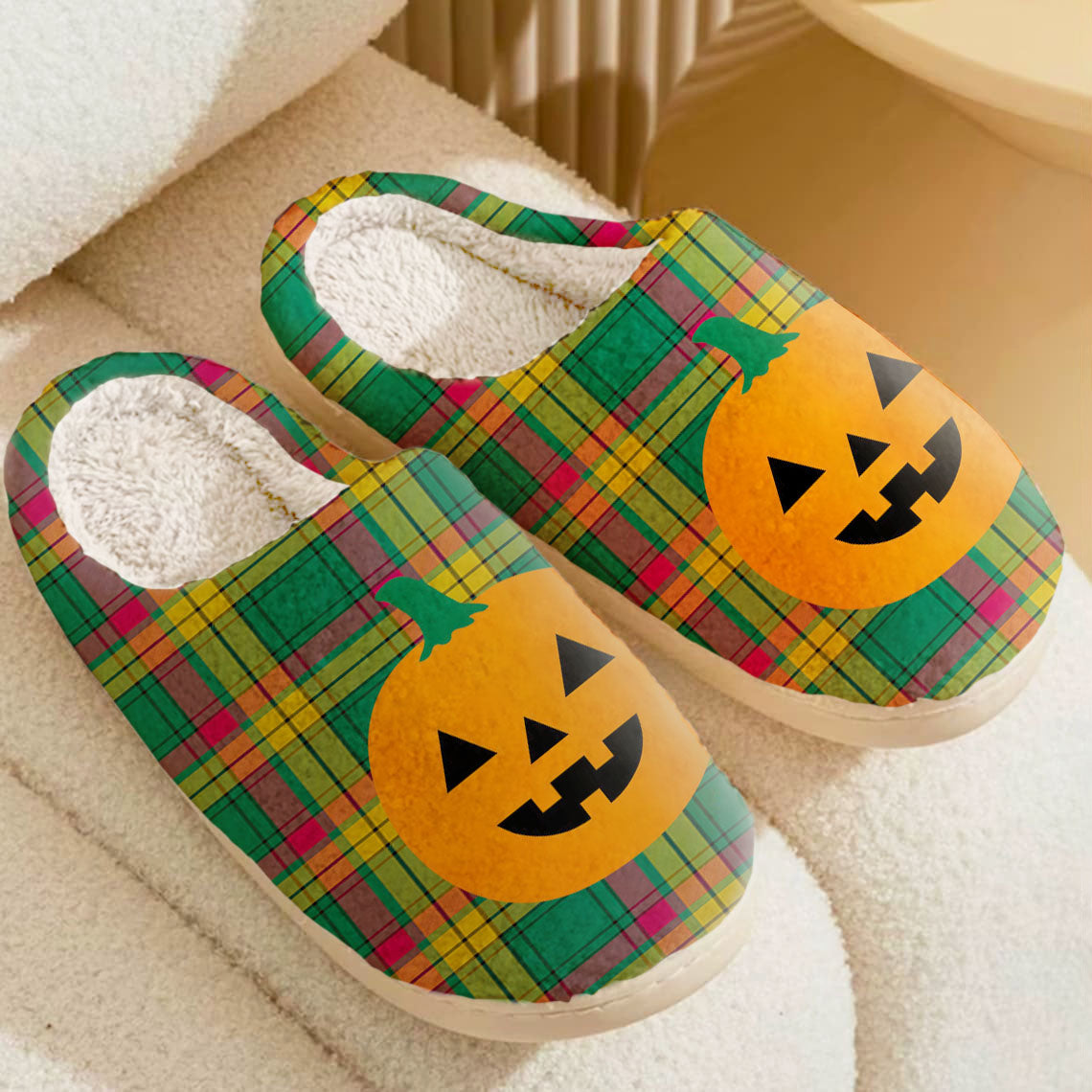 Clan MacMillan Old Ancient Tartan Halloween Pumpkin Slippers, Fluffy Spooky Slippers GE20 MacMillan Old Ancient Tartan Tartan Halloween   