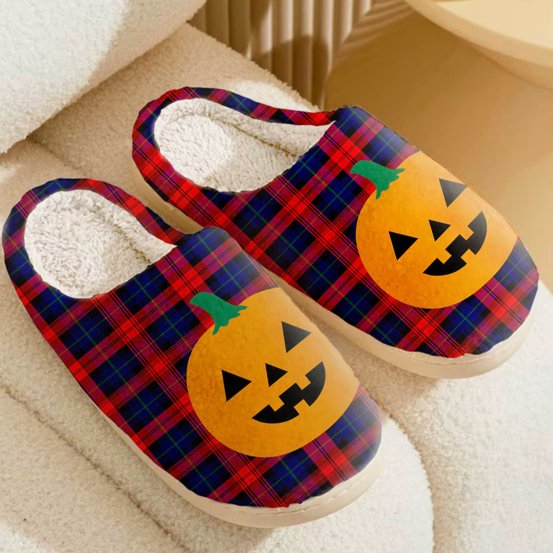 Clan MacLachlan Modern Tartan Halloween Pumpkin Slippers, Fluffy Spooky Slippers FR60 MacLachlan Modern Tartan Tartan Halloween   