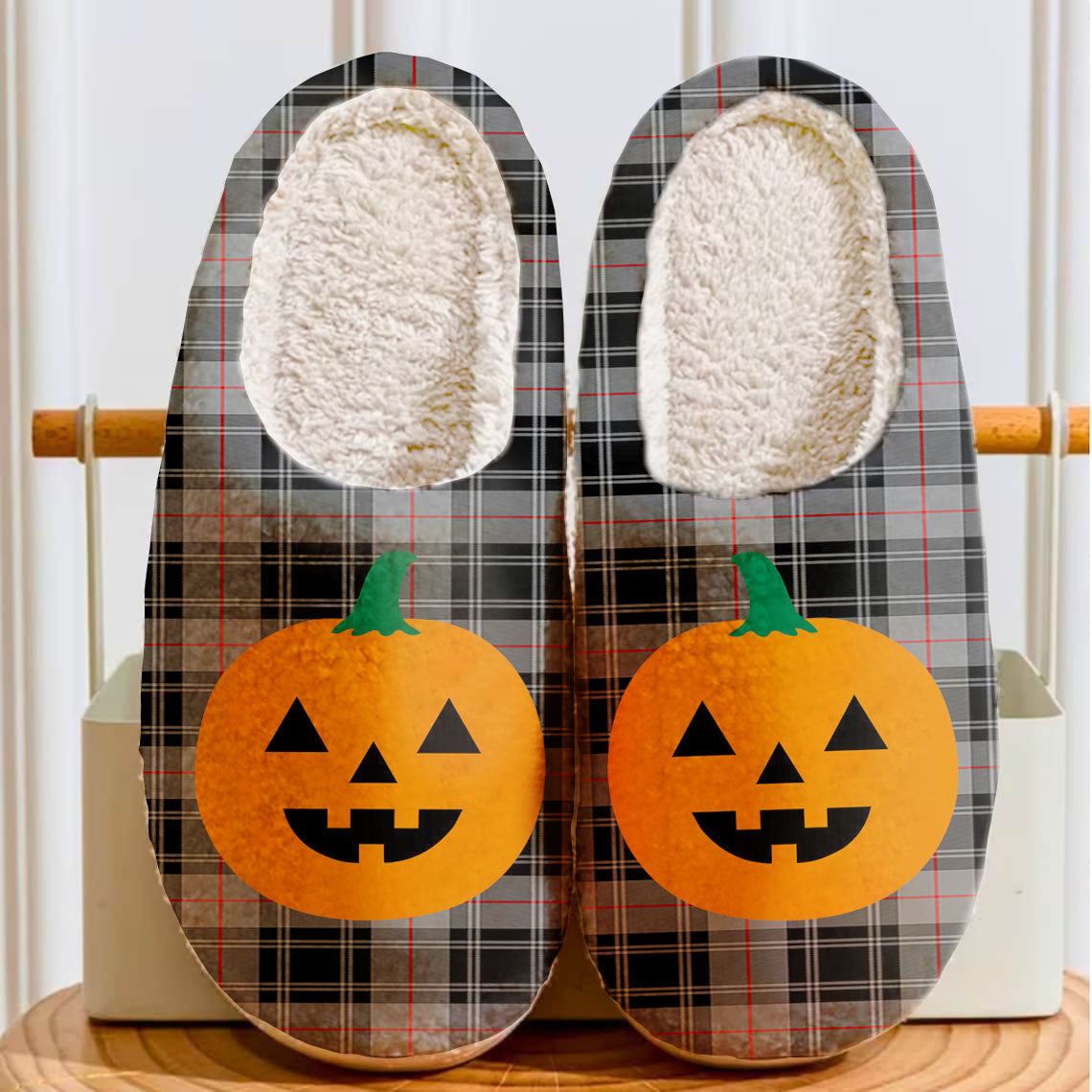 Clan Moffat Modern Tartan Halloween Pumpkin Slippers, Fluffy Spooky Slippers GL95 Moffat Modern Tartan Tartan Halloween   