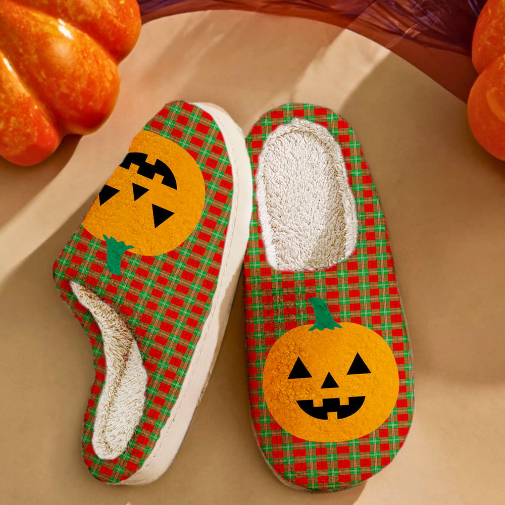 Clan Lennox Tartan Halloween Pumpkin Slippers, Fluffy Spooky Slippers FC61 Lennox Tartan Tartan Halloween   