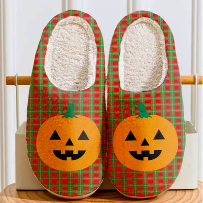 Clan Lennox Tartan Halloween Pumpkin Slippers, Fluffy Spooky Slippers