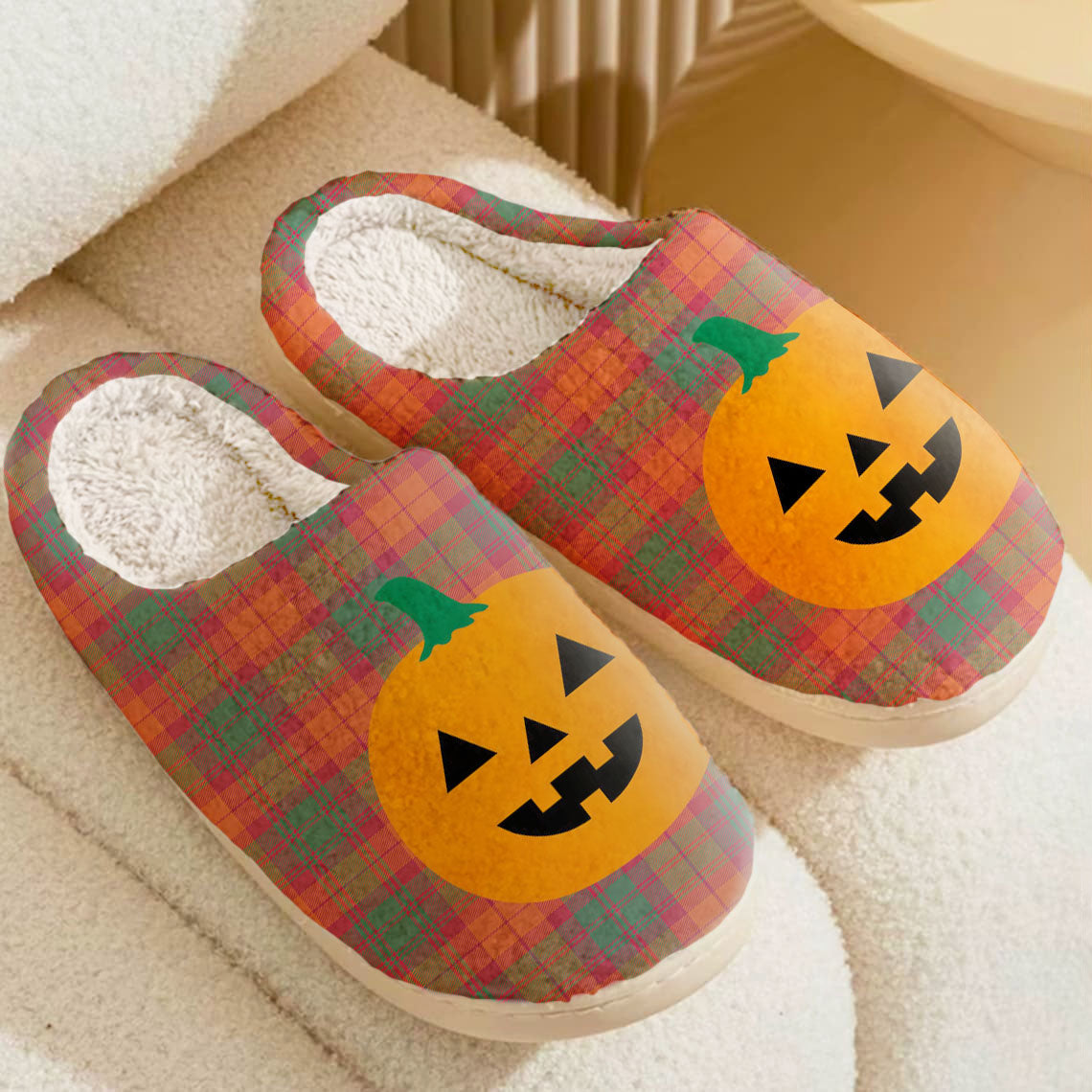 Clan MacNab Ancient Tartan Halloween Pumpkin Slippers, Fluffy Spooky Slippers NG46 MacNab Ancient Tartan Tartan Halloween   