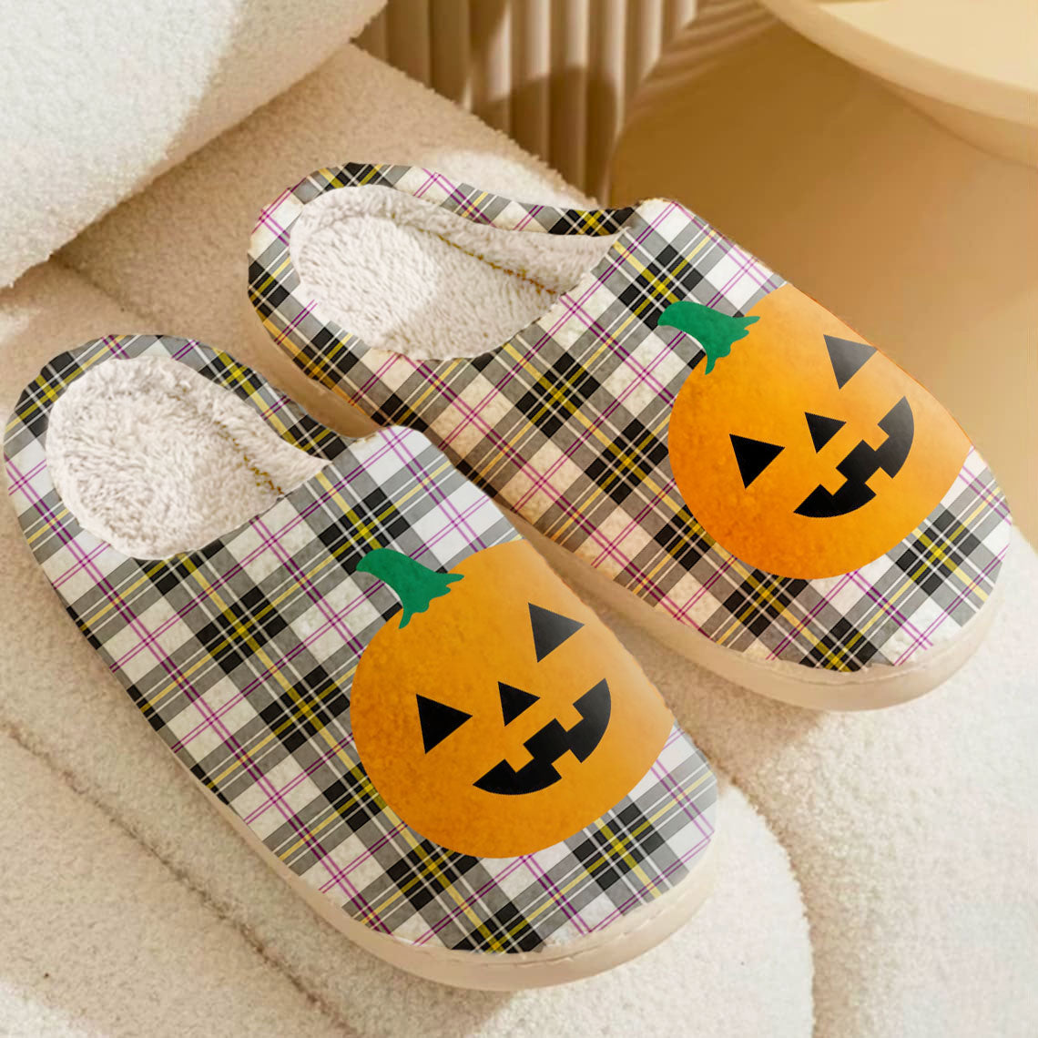 Clan MacPherson Dress Modern Tartan Halloween Pumpkin Slippers, Fluffy Spooky Slippers LY13 MacPherson Dress Modern Tartan Tartan Halloween   
