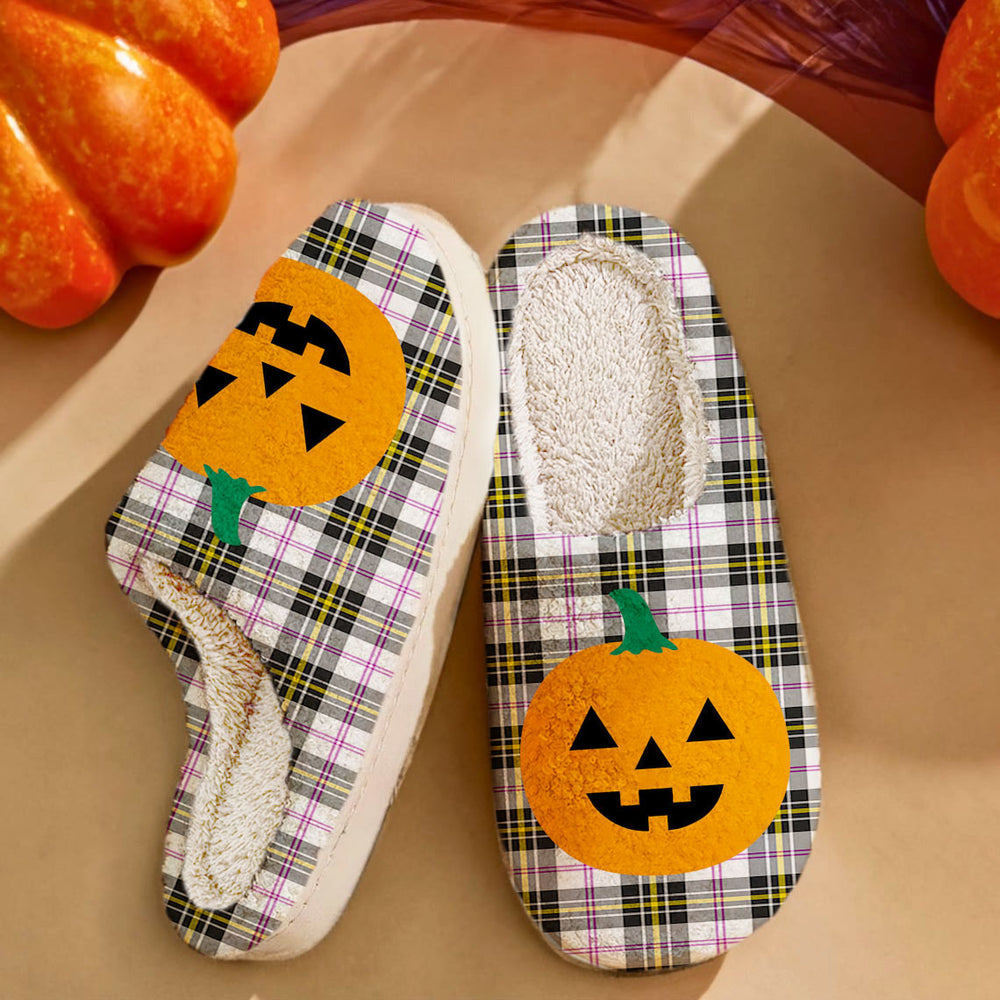 Clan MacPherson Dress Modern Tartan Halloween Pumpkin Slippers, Fluffy Spooky Slippers LY13 MacPherson Dress Modern Tartan Tartan Halloween   