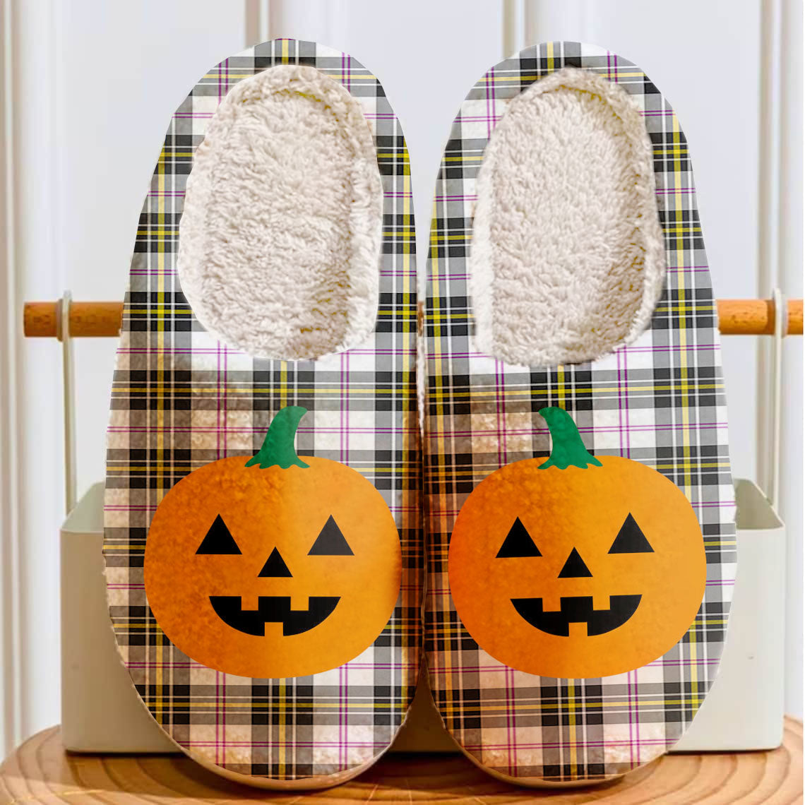 Clan MacPherson Dress Modern Tartan Halloween Pumpkin Slippers, Fluffy Spooky Slippers LY13 MacPherson Dress Modern Tartan Tartan Halloween   