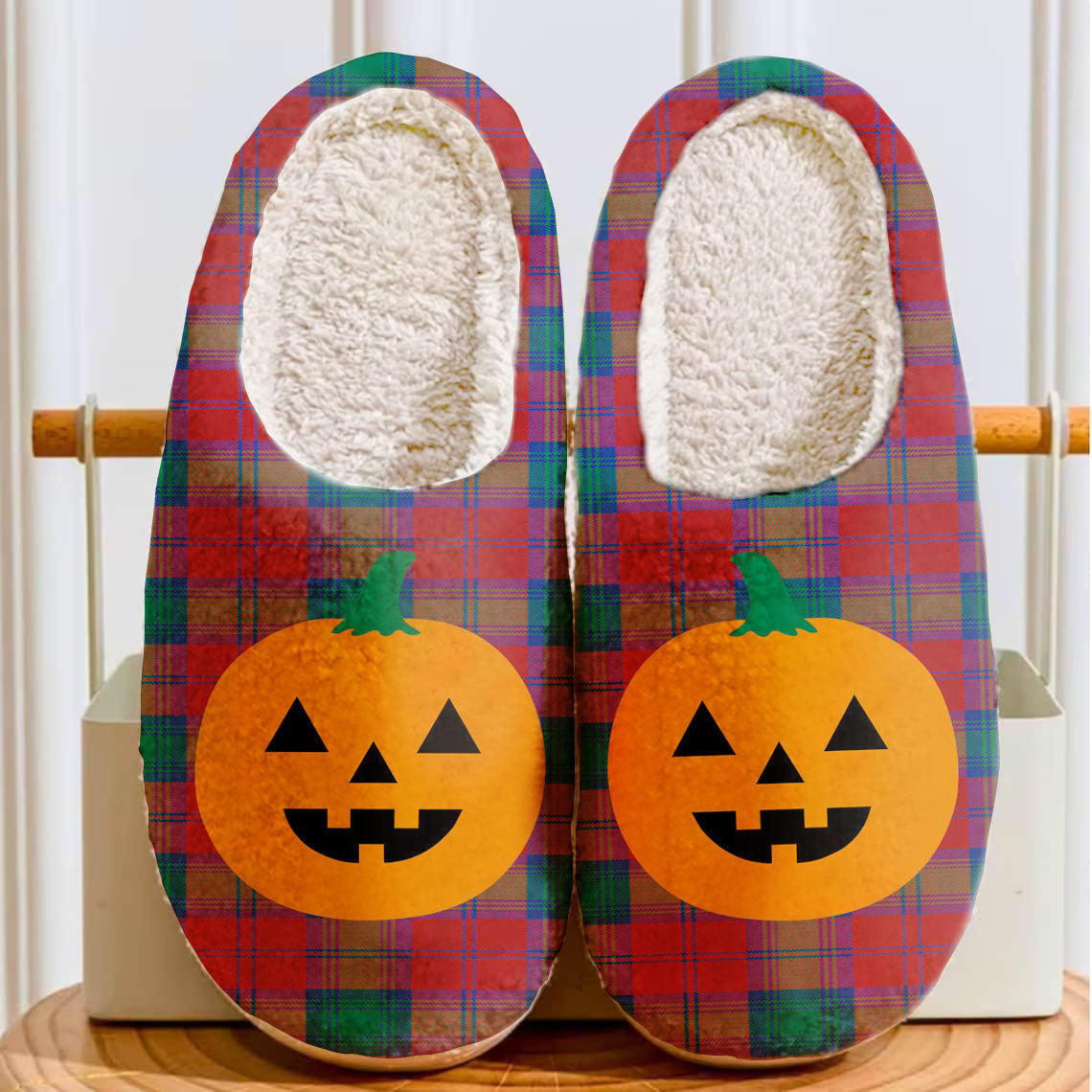 Clan Lindsay Modern Tartan Halloween Pumpkin Slippers, Fluffy Spooky Slippers SE18 Lindsay Modern Tartan Tartan Halloween   