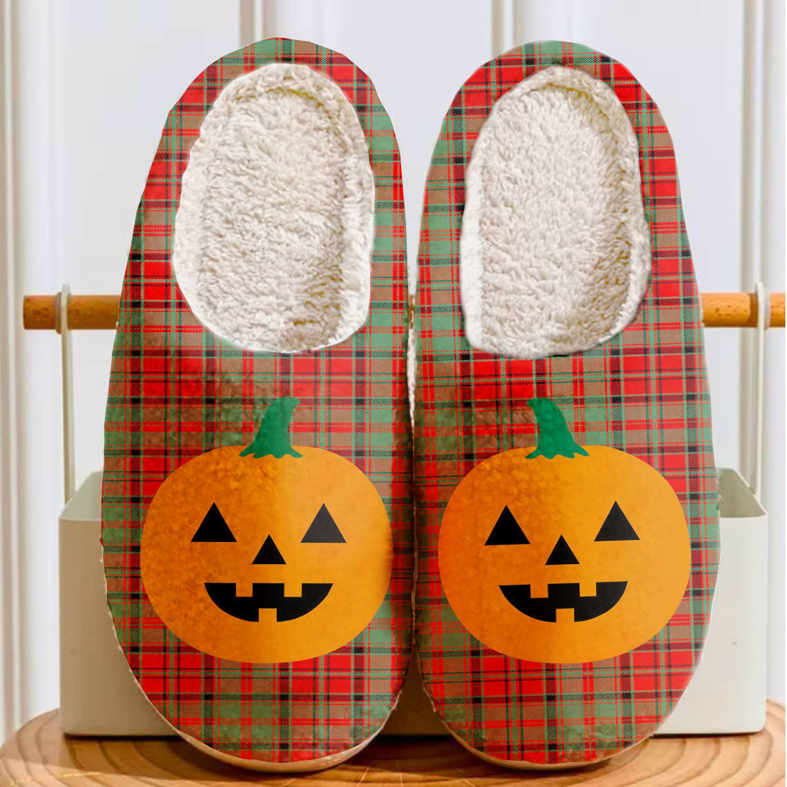 Clan Macnish Modern Tartan Halloween Pumpkin Slippers, Fluffy Spooky Slippers BP61 Macnish Modern Tartan Tartan Halloween   
