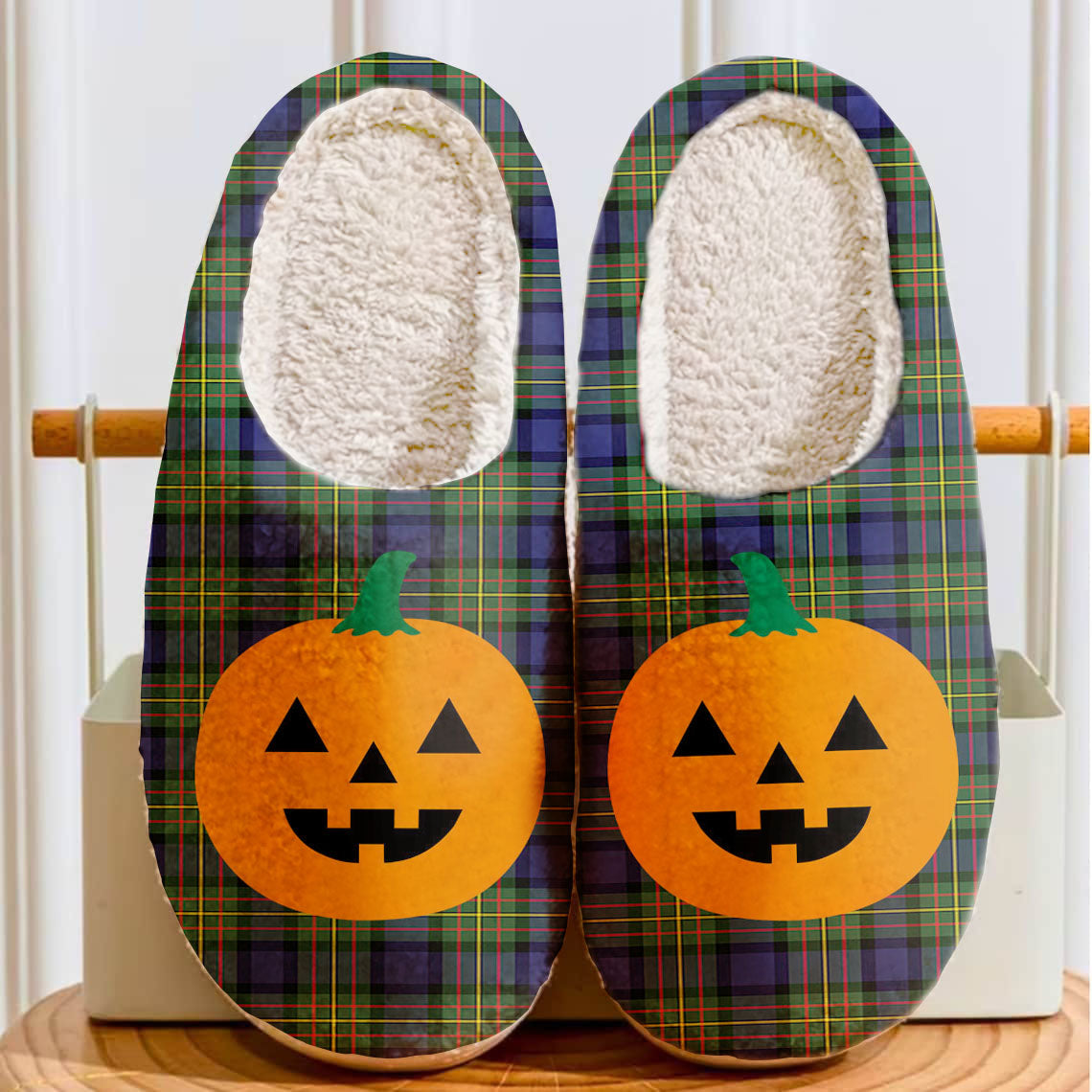 Clan MacLaren Modern Tartan Halloween Pumpkin Slippers, Fluffy Spooky Slippers YY82 MacLaren Modern Tartan Tartan Halloween   