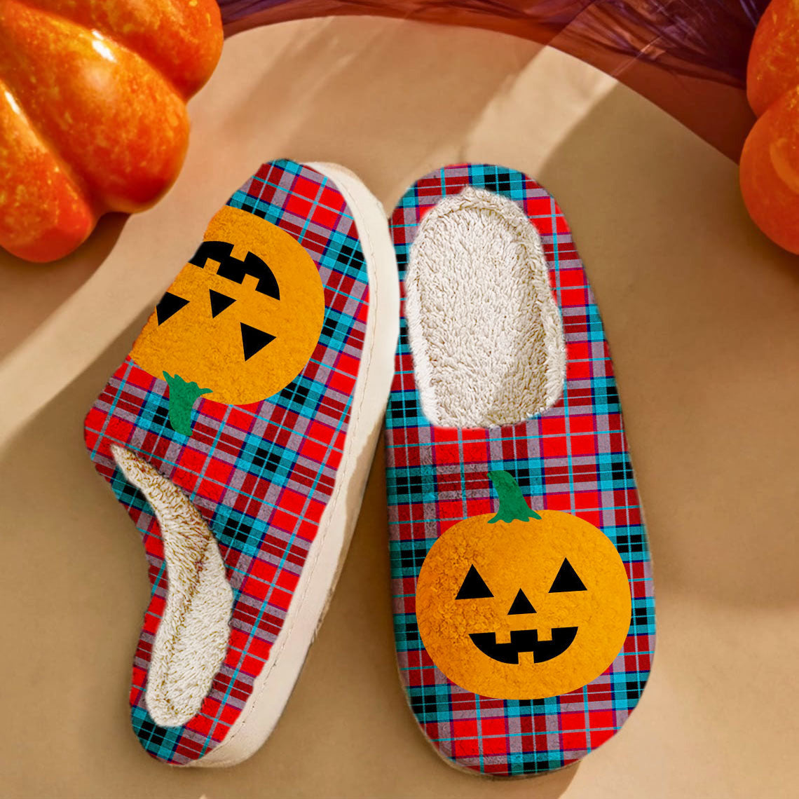 Clan MacTavish Modern Tartan Halloween Pumpkin Slippers, Fluffy Spooky Slippers YO60 MacTavish Modern Tartan Tartan Halloween   