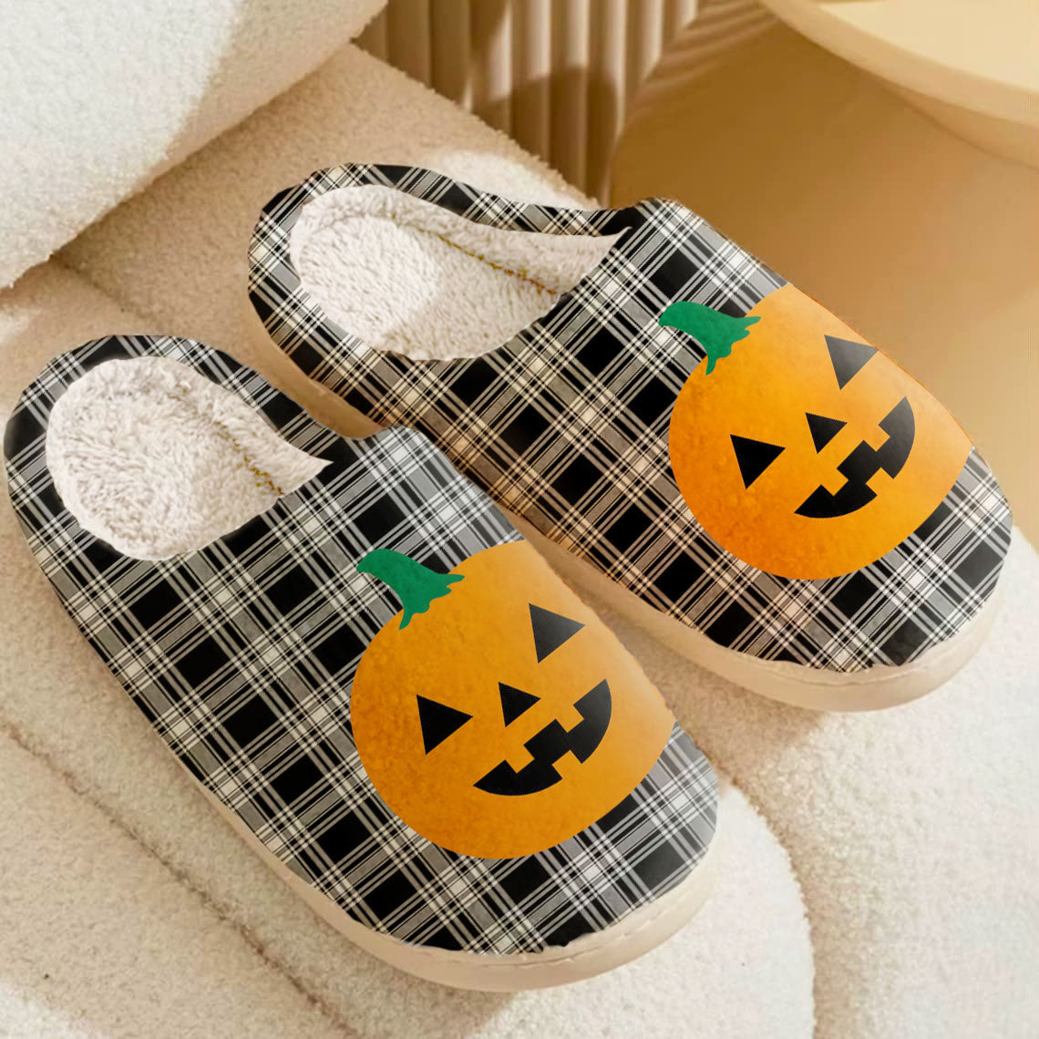 Clan Menzies Black & White Modern Tartan Halloween Pumpkin Slippers, Fluffy Spooky Slippers OH67 Menzies Black & White Modern Tartan Tartan Halloween   