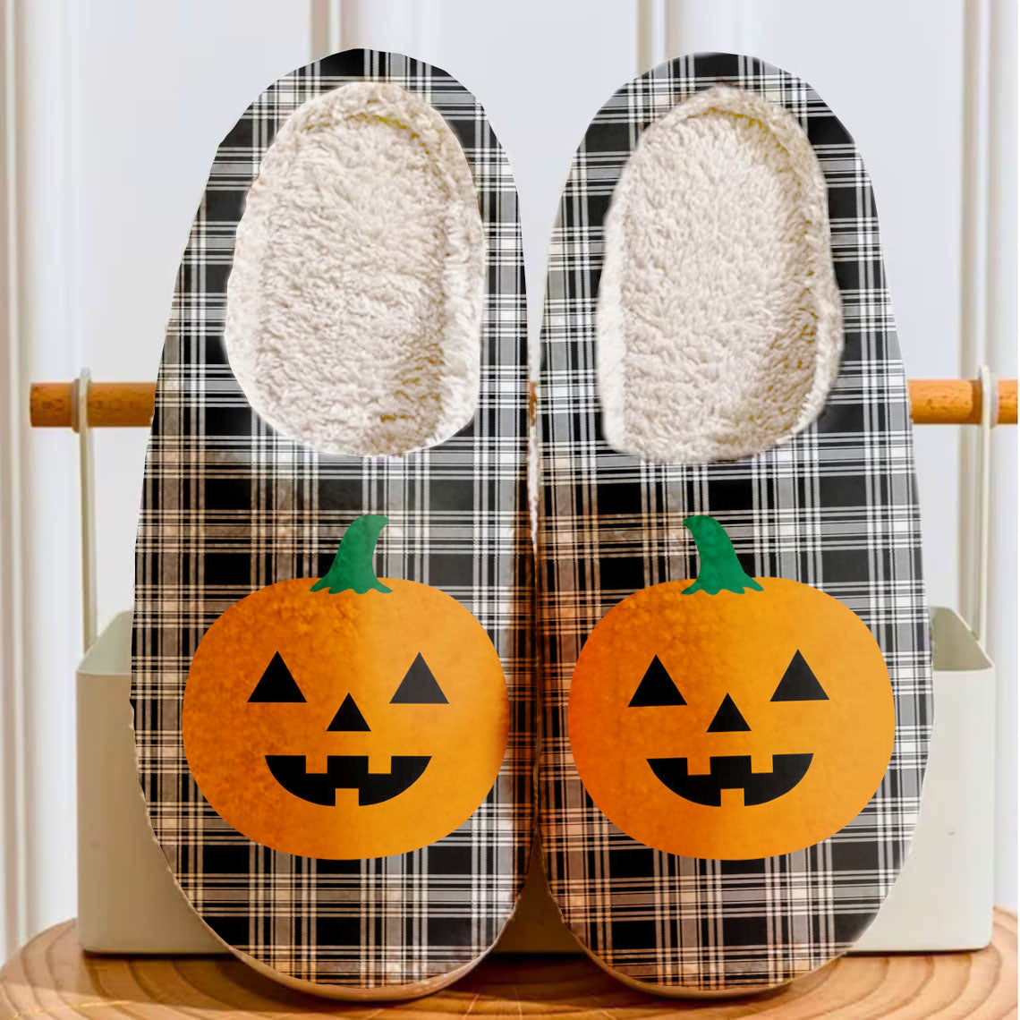 Clan Menzies Black & White Modern Tartan Halloween Pumpkin Slippers, Fluffy Spooky Slippers OH67 Menzies Black & White Modern Tartan Tartan Halloween   