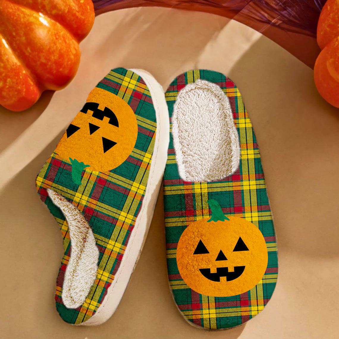 Clan MacMillan Old Modern Tartan Halloween Pumpkin Slippers, Fluffy Spooky Slippers GI79 MacMillan Old Modern Tartan Tartan Halloween   