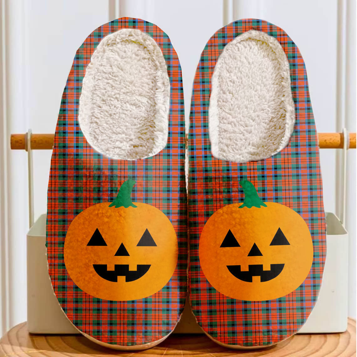Clan MacDuff Ancient Tartan Halloween Pumpkin Slippers, Fluffy Spooky Slippers OR24 MacDuff Ancient Tartan Tartan Halloween   