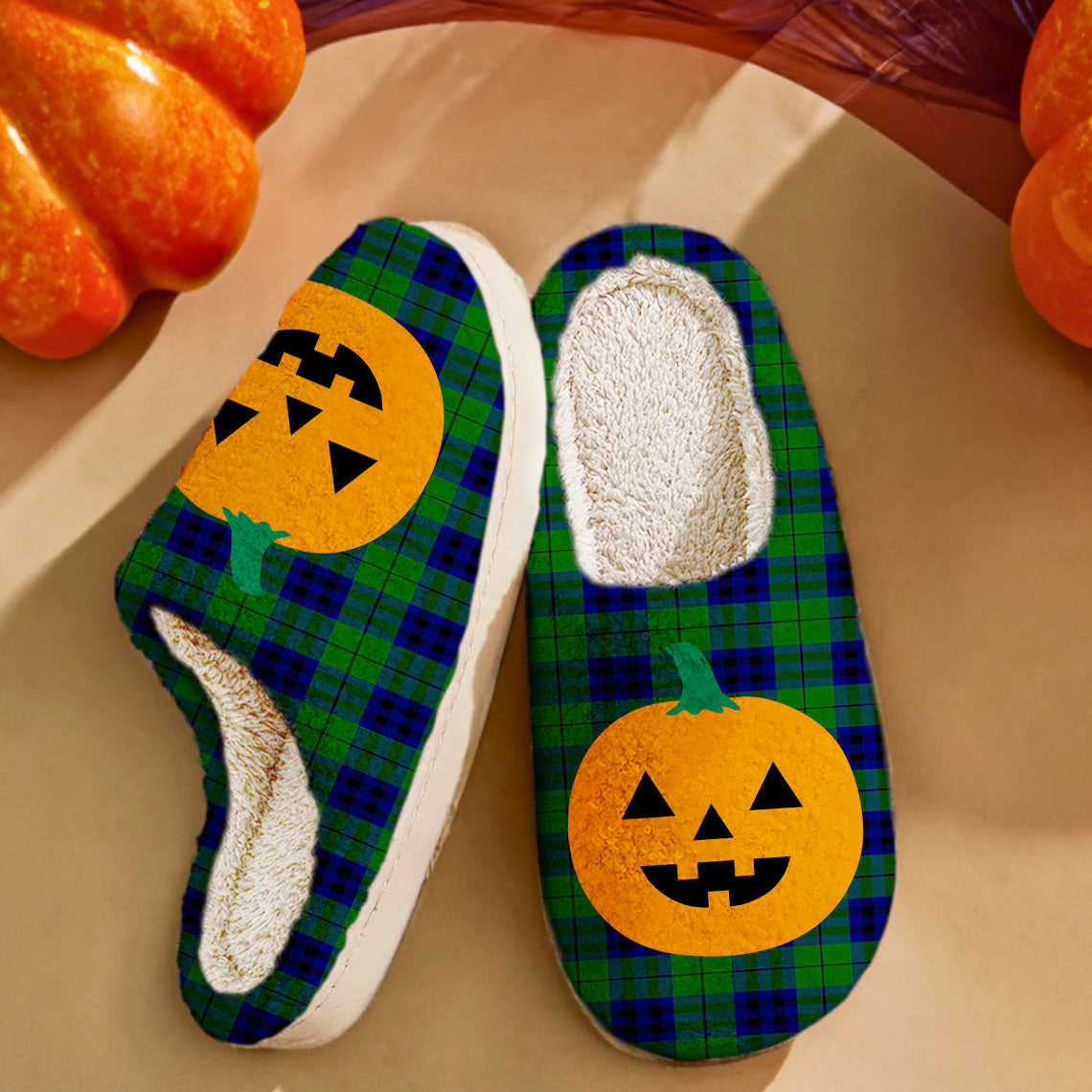 Clan Keith Modern Tartan Halloween Pumpkin Slippers, Fluffy Spooky Slippers YI22 Keith Modern Tartan Tartan Halloween   