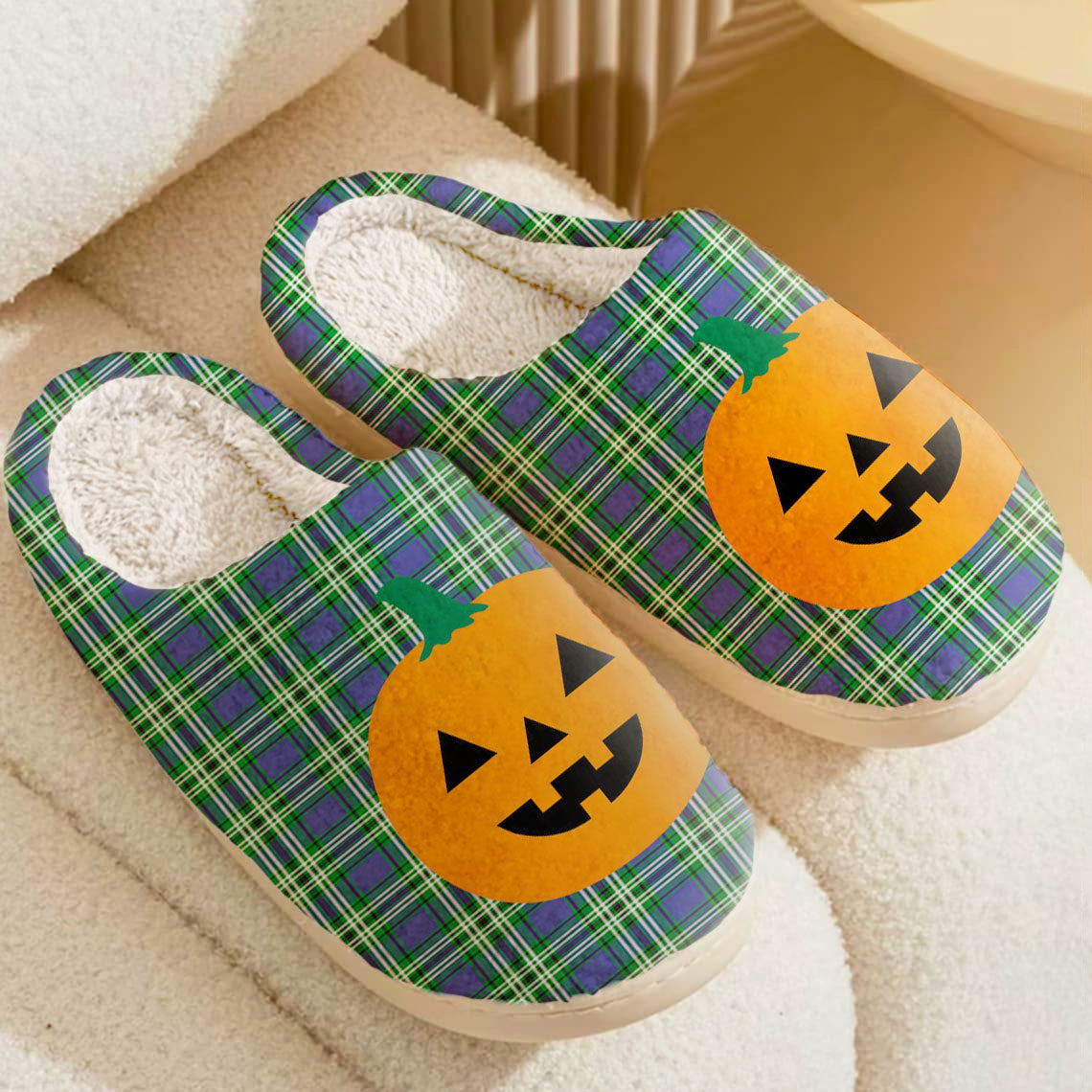 Clan Learmonth Tartan Halloween Pumpkin Slippers, Fluffy Spooky Slippers AW57 Learmonth Tartan Tartan Halloween   