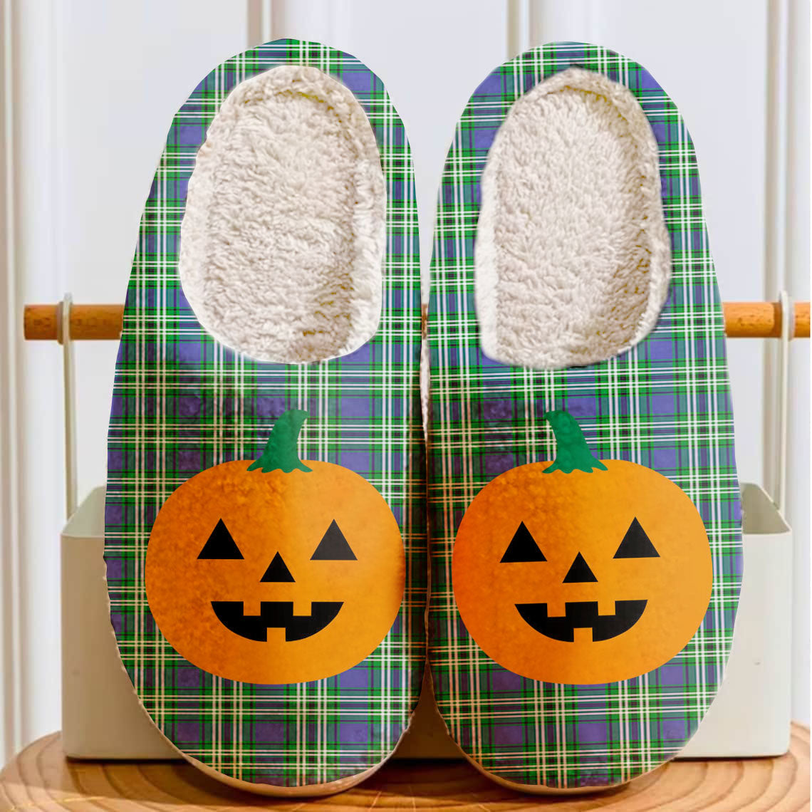 Clan Learmonth Tartan Halloween Pumpkin Slippers, Fluffy Spooky Slippers AW57 Learmonth Tartan Tartan Halloween   