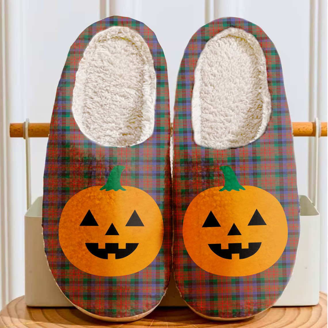 Clan MacDuff Hunting Modern Tartan Halloween Pumpkin Slippers, Fluffy Spooky Slippers NI25 MacDuff Hunting Modern Tartan Tartan Halloween   