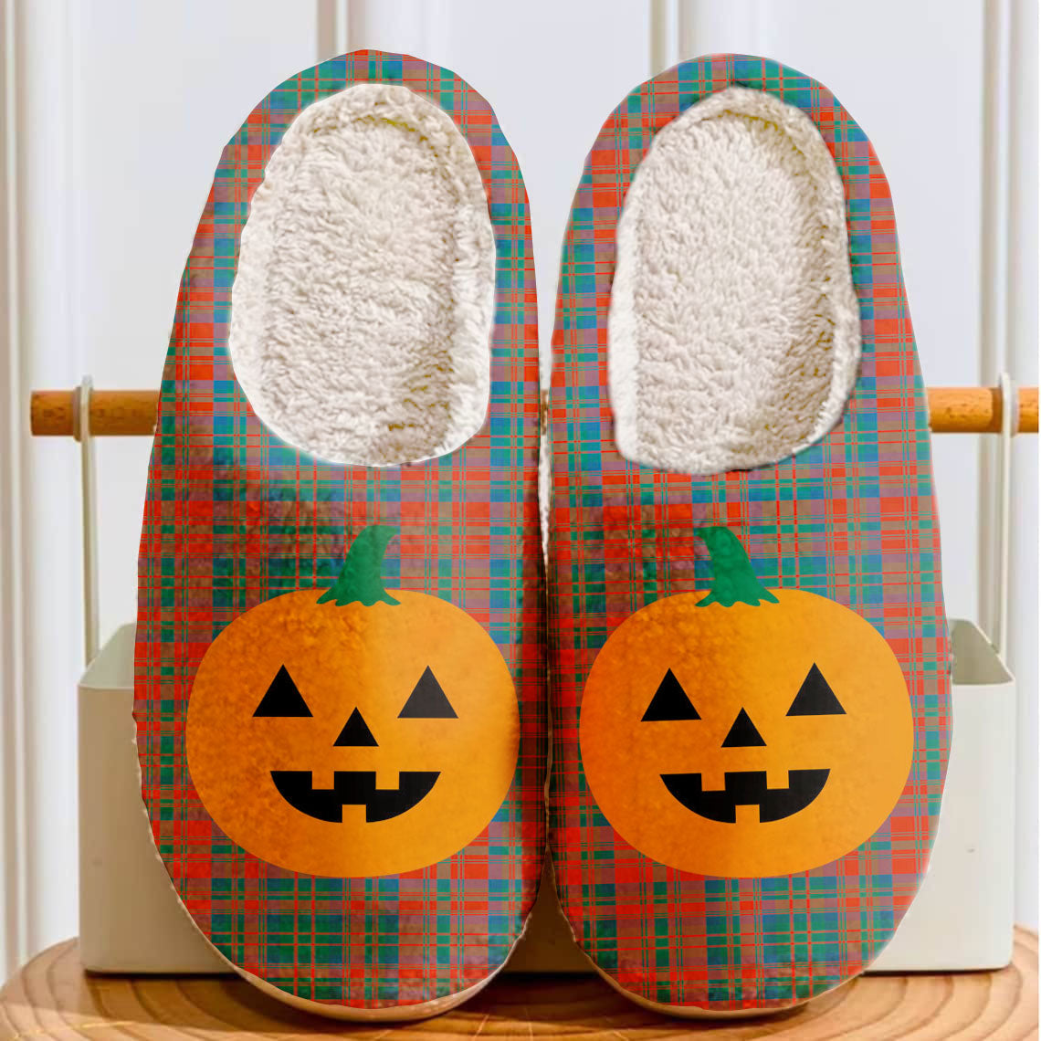 Clan Matheson Ancient Tartan Halloween Pumpkin Slippers, Fluffy Spooky Slippers UB61 Matheson Ancient Tartan Tartan Halloween   