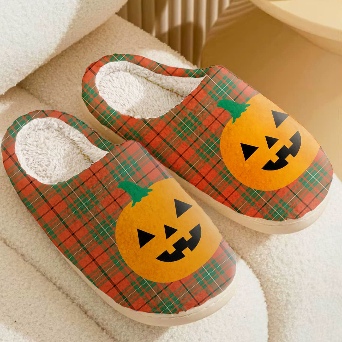 Clan MacAulay Ancient Tartan Halloween Pumpkin Slippers, Fluffy Spooky Slippers NQ46 MacAulay Ancient Tartan Tartan Halloween   