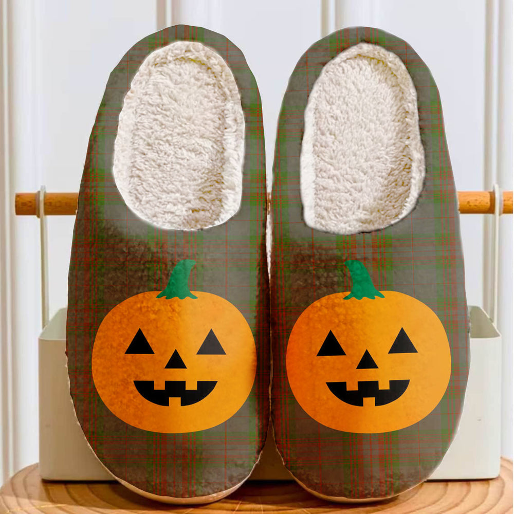 Clan Gray Tartan Halloween Pumpkin Slippers, Fluffy Spooky Slippers OB60 Gray Tartan Tartan Halloween   